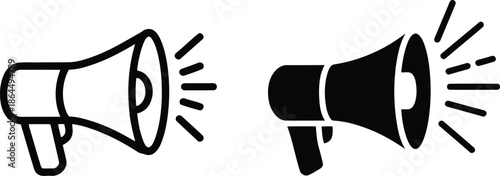 Simple black and white megaphone illustrations emitting sound on a clean white background