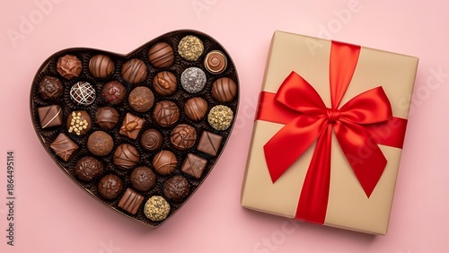 Heart shaped chocolates and gift box with red ribbon on pink background