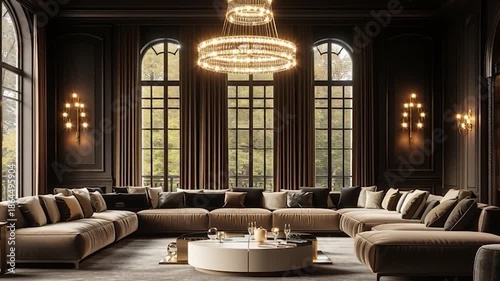 Luxurious Modern Living Room With Large Sectional Sofa and Chandelier.