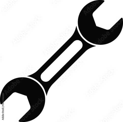 A simple black silhouette icon of a double open-ended wrench or spanner tool