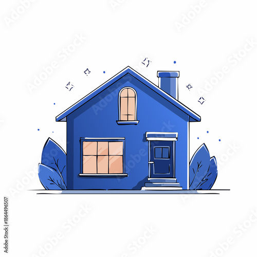 Cozy blue house with chimney and plants