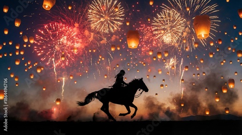 Epic silhouette of a warrior riding a galloping horse under a dramatic night sky exploding with colorful fireworks and numerous glowing traditional Asian sky lanterns.