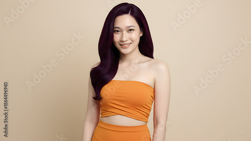 Wallpaper Mural A beautiful young Asian woman with long dark purple hair and an orange outfit smiling confidently at the camera against a plain background. Torontodigital.ca