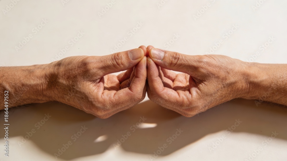 Fototapeta premium Elderly hands touching fingertips on a light background, active aging concept