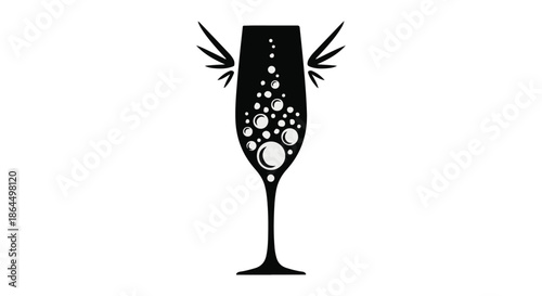 Celebratory champagne flute with effervescent bubbles and stylized wings, symbolizing joy and achievement.