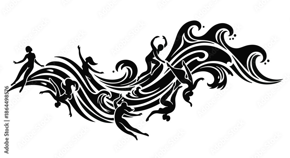 Fototapeta premium A black and white tribal-style illustration features humanlike figures intertwined with dynamic ocean waves.