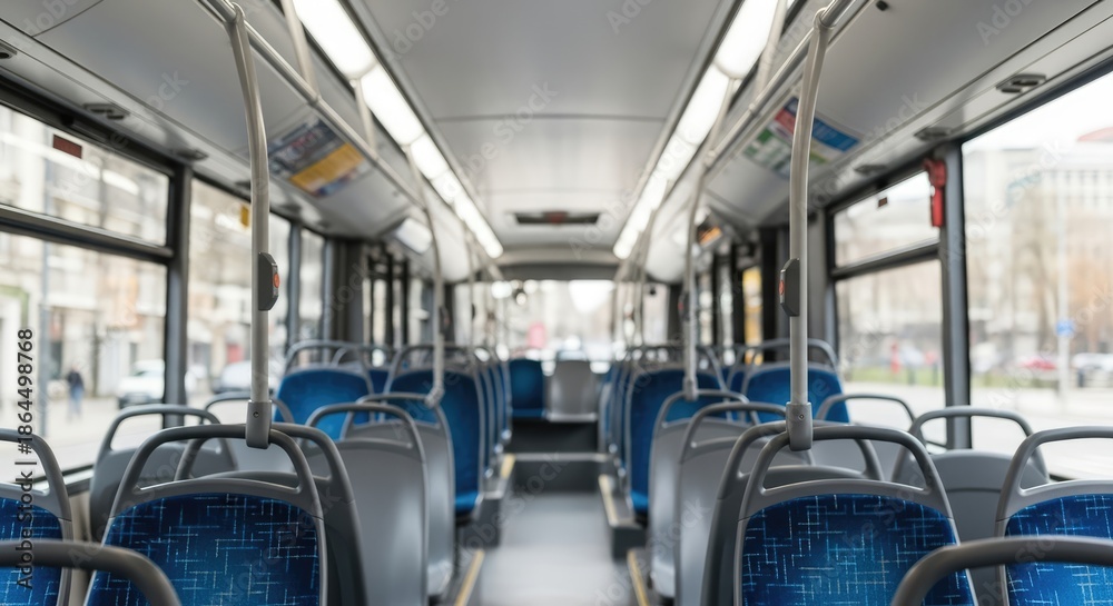 Fototapeta premium Empty bus interior with blue seats and white walls.