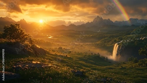 Majestic Waterfall Bathed in Golden Sunset Light with Rainbow.