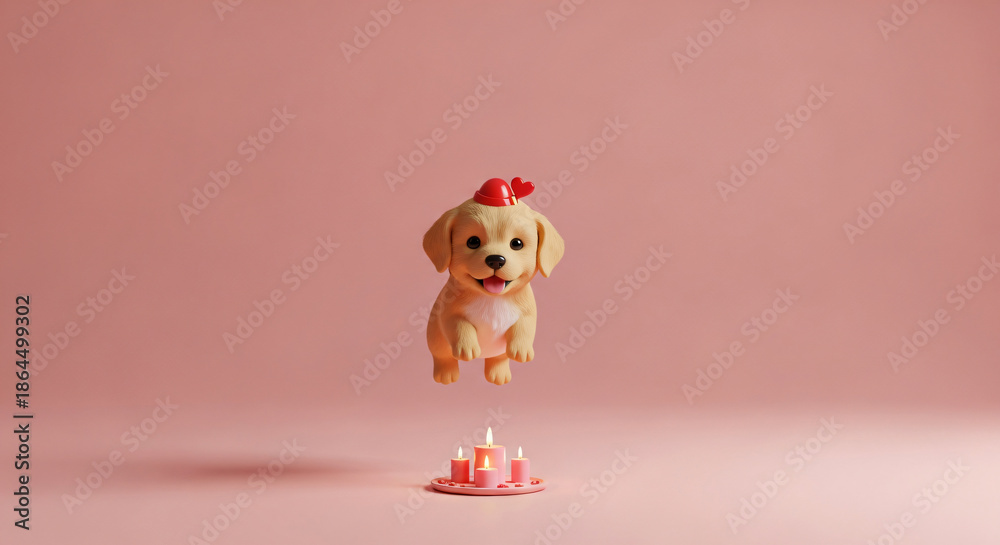 Naklejka premium Wide angle showing the environment Minimalist 3D render of A cute Golden Retriever puppy floating gently against a solid pastel background for Valentine's Day