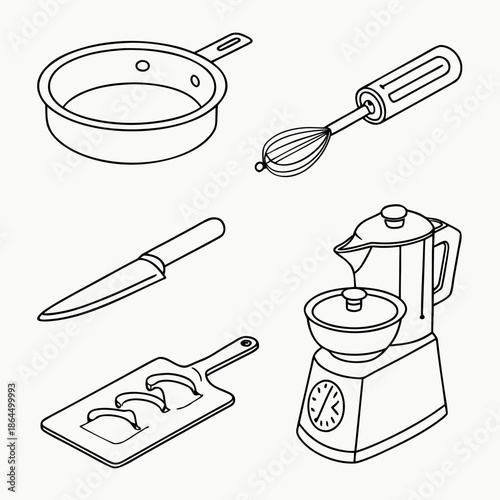 Title: A collection of kitchen utensils including a frying pan, whisk, knife, rolling pin, and