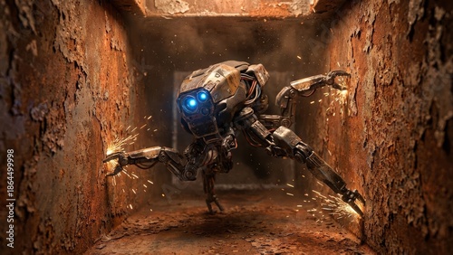 Futuristic robotic spider inspecting a dilapidated industrial interior with sparks flying