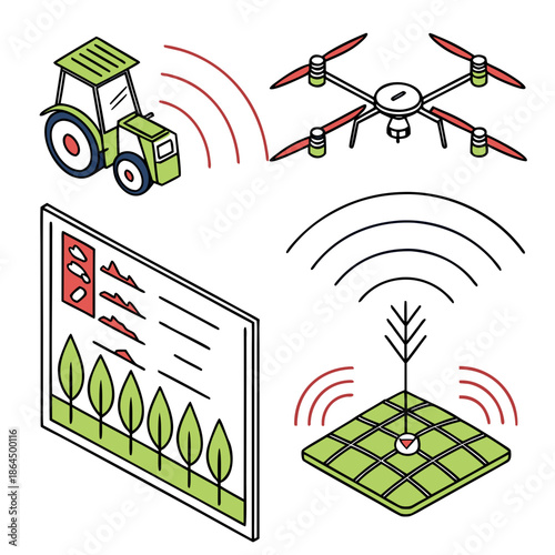 Title: A collection of representing agricultural technology including a tractor drone and digital