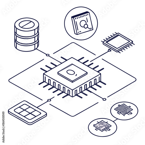 Title: A detailed of a computer chip connected to various technological components