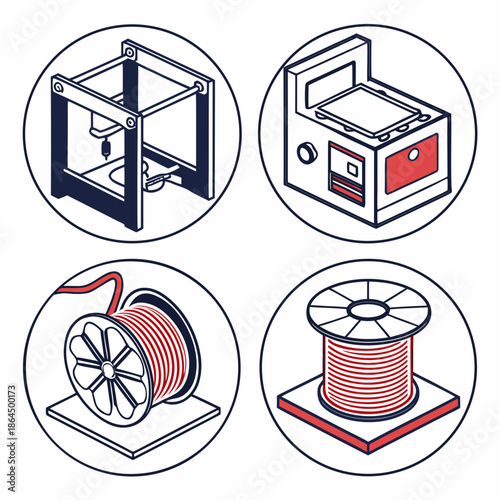 Title: Four circular showing a 3D printer, filament spool, and two different printer components