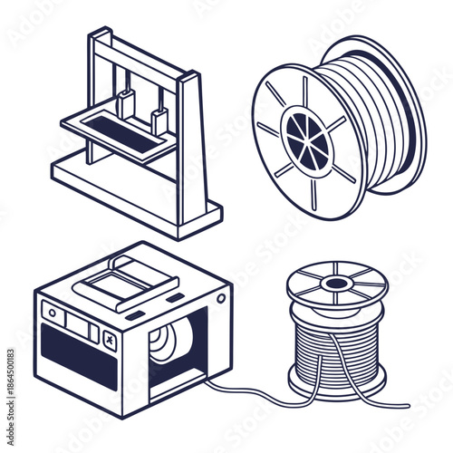 Title: Two circular showing a 3D printer and a spool of filament in a minimalist line style