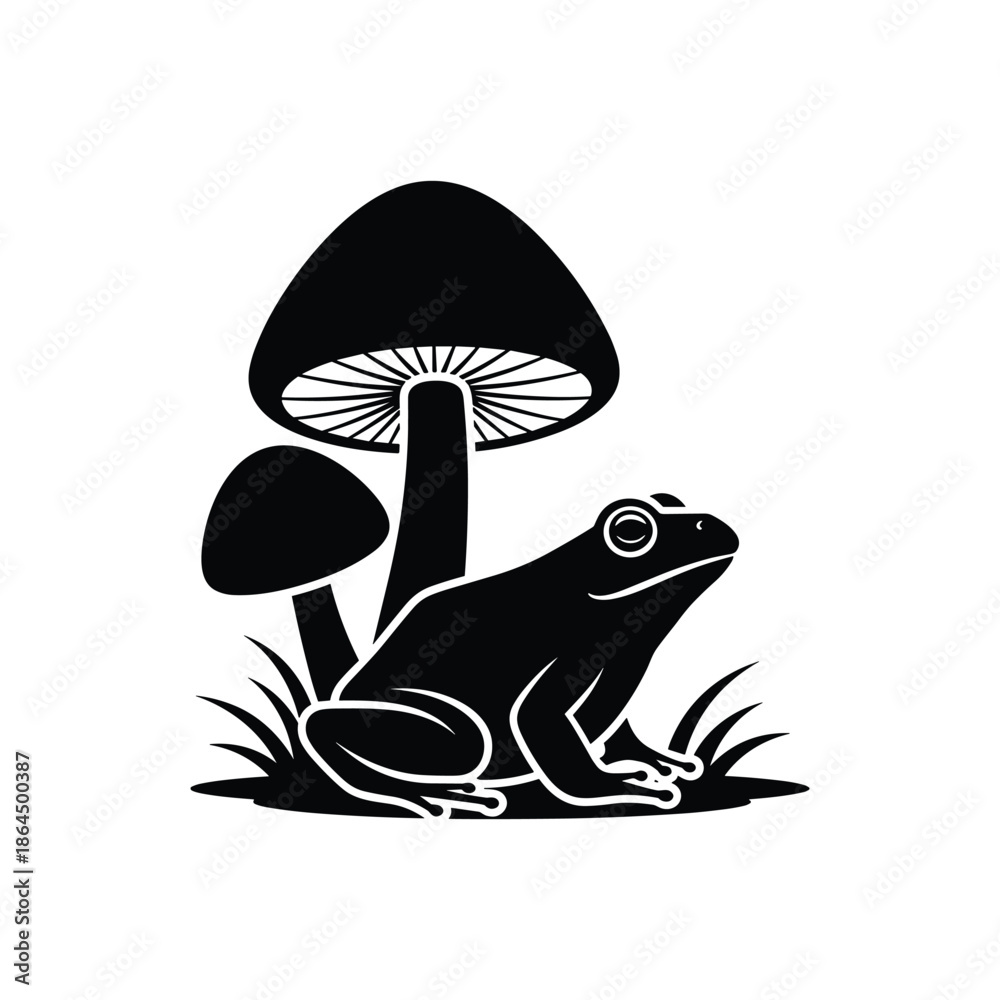 Fototapeta premium Frog sitting near mushrooms isolated on white background, Vector, illustration