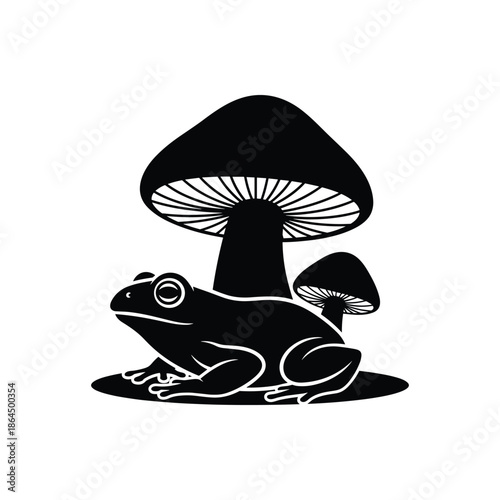 Frog under mushroom isolated on white background, Vector, illustration