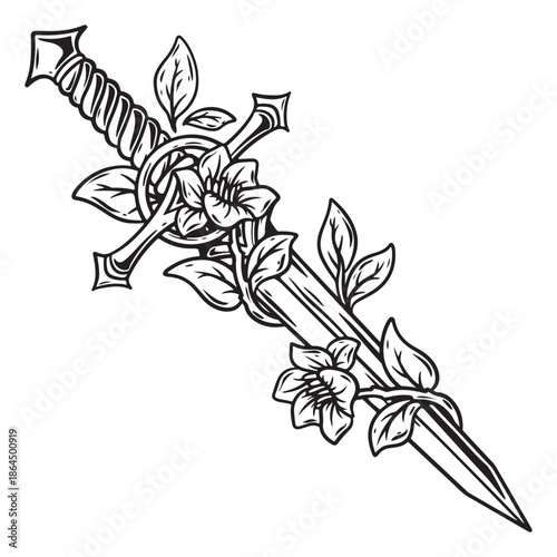 illustration art hand darwn sword with a flower wrap aroun the sword