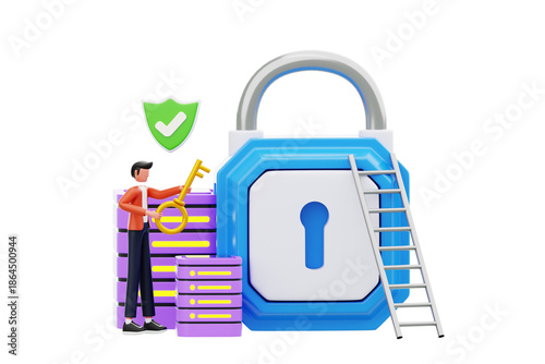 Database security protection with padlock and key 3d illustration