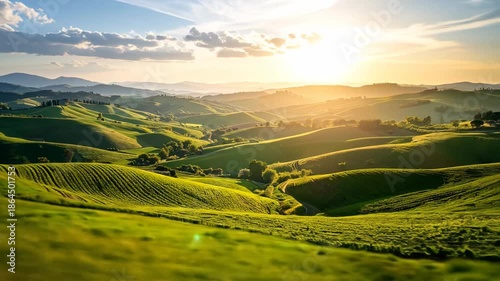 Rolling green hills stretch under a warm, sunny sky, creating a peaceful and scenic vista.