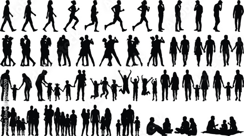 Human silhouettes depicting walking, running, hugging, parenting, family bonding, sitting, relaxing, and social interaction, ideal for lifestyle, relationship, and community