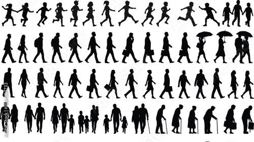 Silhouette illustration of human life stages, childhood to old age, walking, running, family, companionship, movement, aging, lifestyle, people, posture, activity, generational journey, vector art
