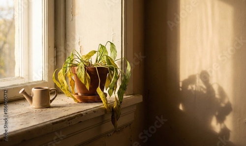 Tableau sur toile Wilting Potted Plant on Sunlit Windowsill with Drooping Leaves Casting Shadows C