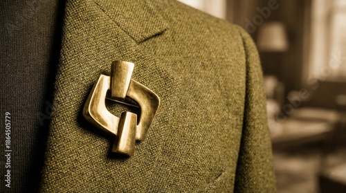 Bold Mid-Century Modern Abstract Gold-Tone Brooch on Textured Olive Green Tweed Jacket