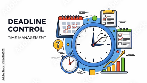 Deadline Control and Time Management Illustration with Clock, Calendar, and Checklist.