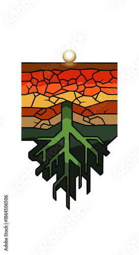 Cross-section of fertile soil layers revealing a healthy plant root system with a pearl at the top, symbolizing growth and value.