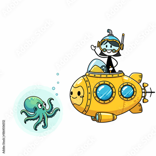 A cartoon diver in a yellow submarine interacts with an octopus underwater from a top-down viewpoint