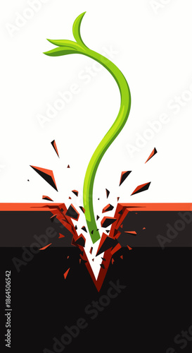 A vibrant green sprout forcefully emerges from cracked earth, symbolizing new beginnings, unstoppable development, and overcoming adversity with natural power.