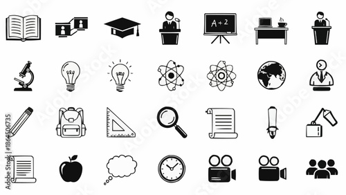 Collection of education and learning related icons in black and white.