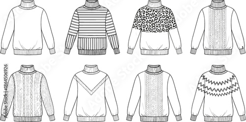 Collection of eight men’s turtleneck sweaters in various styles including cable knit striped and leopard print for fashion design flat sketch
