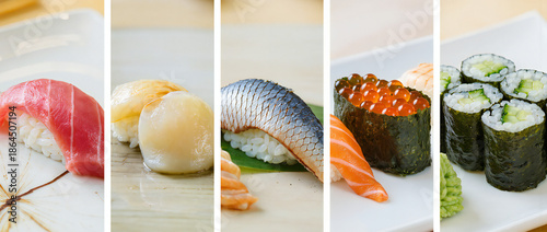 Fresh Sushi Selections Displayed on Elegant Plates with Various Ingredients and Textures