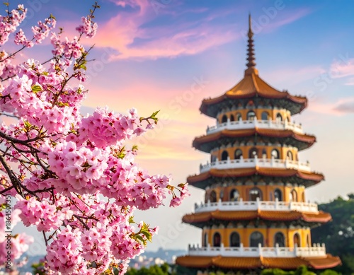 Pink blossoms frame a traditional multi-tiered building