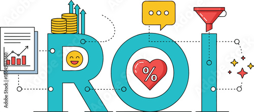 ROI Return on Investment typography word concept with business icons for financial growth sales funnel and data analytics vector