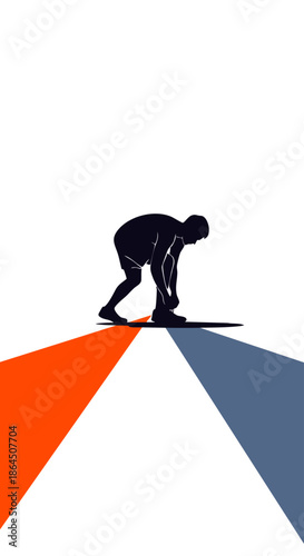 Silhouette of a runner tying shoelaces at the starting line, ready for competition on a bright day.