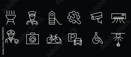 Building amenities icon set. Editable line icons. Vector illustration.