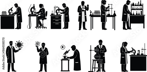 Set of scientist silhouettes working in laboratory with microscope and test tubes, medical research vector illustration isolated on white background