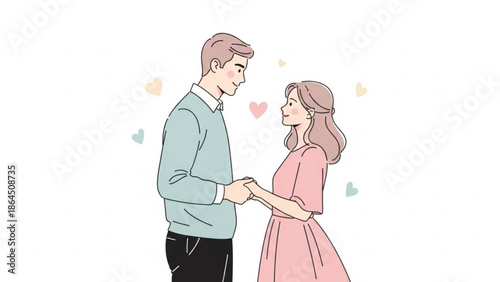 A romantic couple holding hands and gazing into each other's eyes surrounded by floating hearts