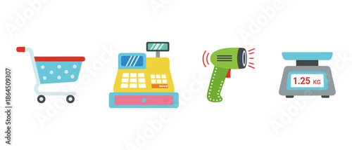 Retail shopping equipment icons including grocery cart, cash register, barcode scanner, and digital weight scale illustration
