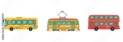 Public transportation vehicle collection with yellow city bus, electric tram, and classic red double decker bus design