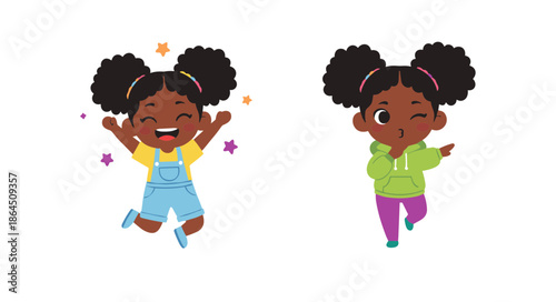 Happy African American girl character jumping with stars and winking in green hoodie for children lifestyle design