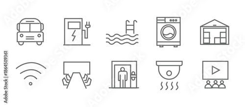 Building amenities icon set. Editable line icons. Vector illustration.