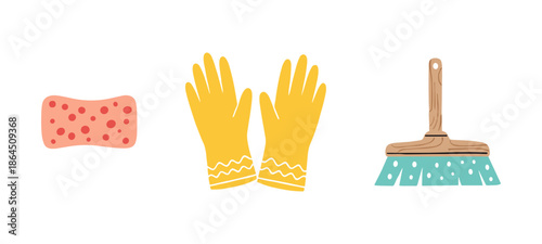 House Cleaning Supplies Set with Sponge Yellow Rubber Gloves and Floor Brush Broom for Professional Janitorial and Housekeeping Service