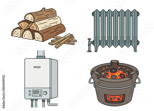 Heating equipment and fuel source icons collection with firewood logs radiator heater gas boiler and traditional charcoal stove