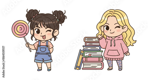 Two cute little girls character set with brown hair eating lollipop and blonde girl in pink hoodie standing by stack of books
