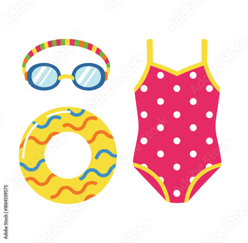 Summer swimming gear set featuring pink polka dot swimsuit yellow inflatable ring and colorful goggles for pool and beach activity