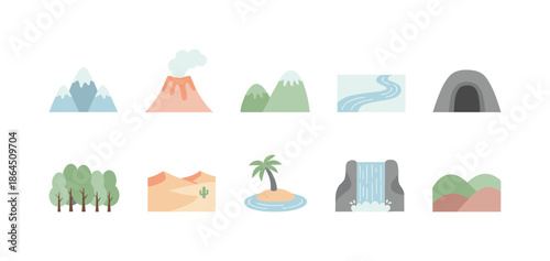 Diverse nature landscape icons set featuring mountains volcano river forest desert tropical island waterfall and hills